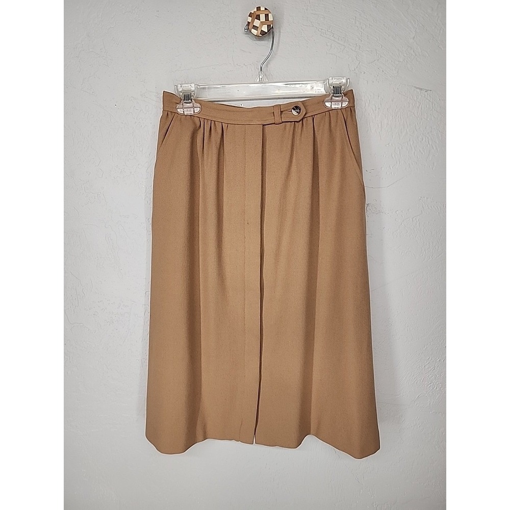 Vtg Wool Blend Tan Midi Skirt 8 Tan‎ Button Front Pleated A-Line Career Women